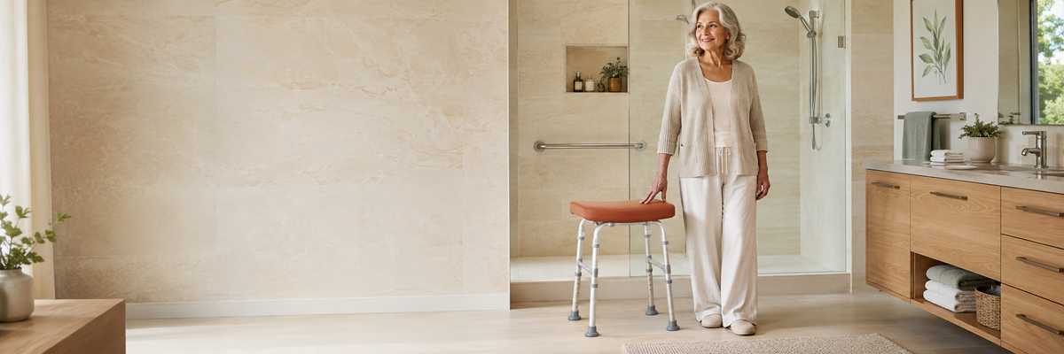 Older woman standing beside an orange padded shower stool in a bright, accessible home bathroom.