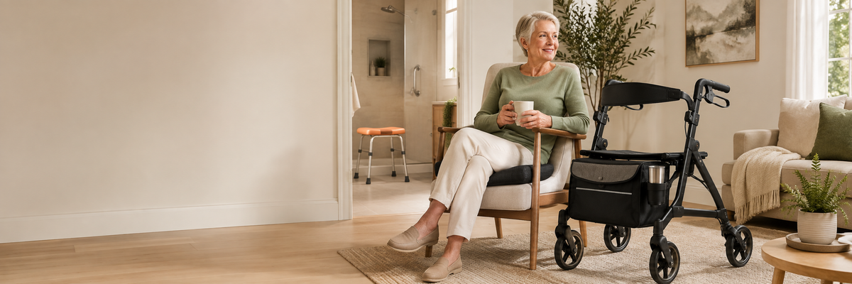 Older woman seated beside a black rollator in a warm home, with an orange shower stool visible in the bathroom.