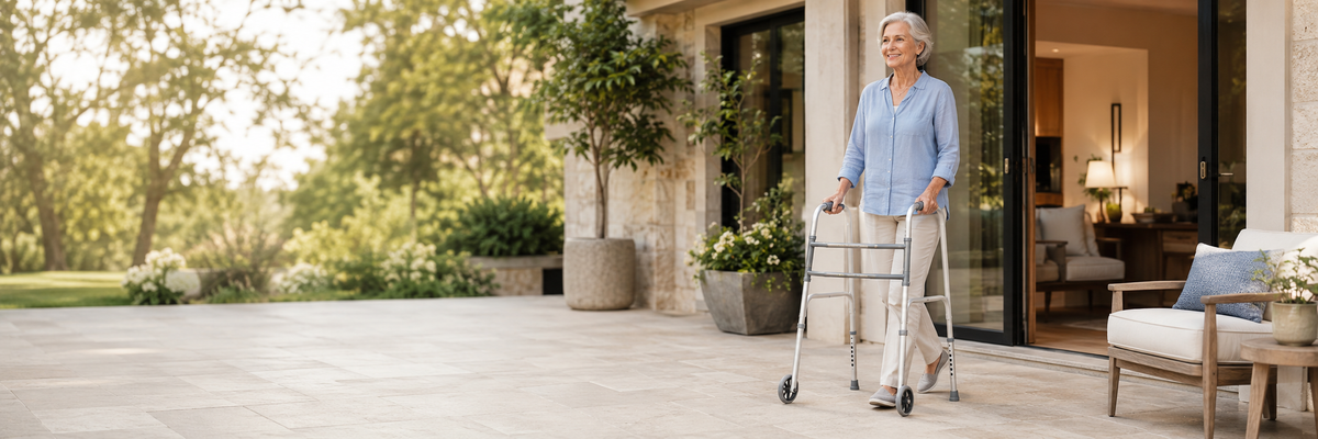 Older woman walking with a lightweight two-wheel walker on a smooth, accessible home patio.