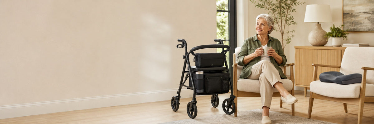 Older woman standing with a black rollator walker and organizer bag in a warm, modern living room.