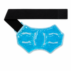 Blue reusable gel ice pack wrap for ankle with black adjustable strap on white background