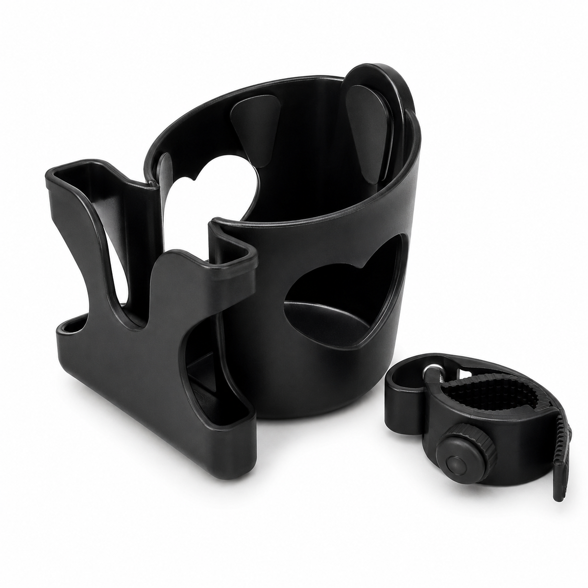 Black 2-in-1 universal cup holder with phone holder and 360-degree clamp on white background