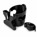 Black 2-in-1 universal cup holder with phone holder and 360-degree clamp on white background