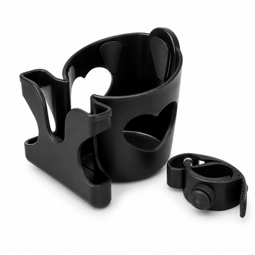 Black 2-in-1 universal cup holder with phone holder and 360-degree clamp on white background