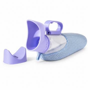 Purple and blue portable female urinal bottle with ergonomic funnel, easy-grip handle, and protective cap
