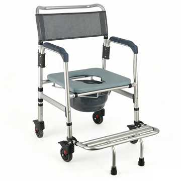 Mobile shower commode chair with mesh backrest, padded armrests, casters, and front footrest platform