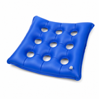 Blue inflatable air seat cushion with 9 ventilation holes on white background
