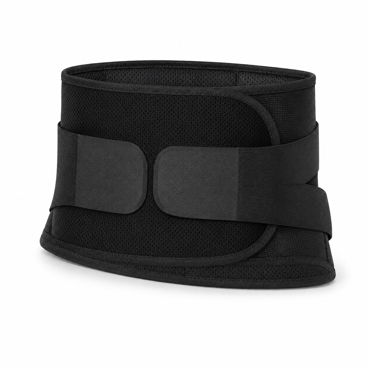 Black breathable lower back support belt with dual-pull adjustable tension straps on white background