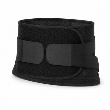Black breathable lower back support belt with dual-pull adjustable tension straps on white background