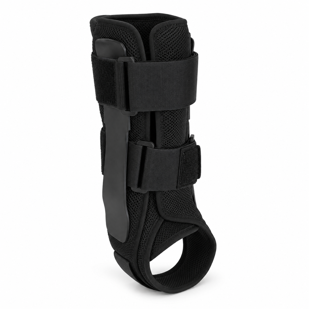 Black adjustable ankle brace with rigid side stabilizers and cross straps on white background