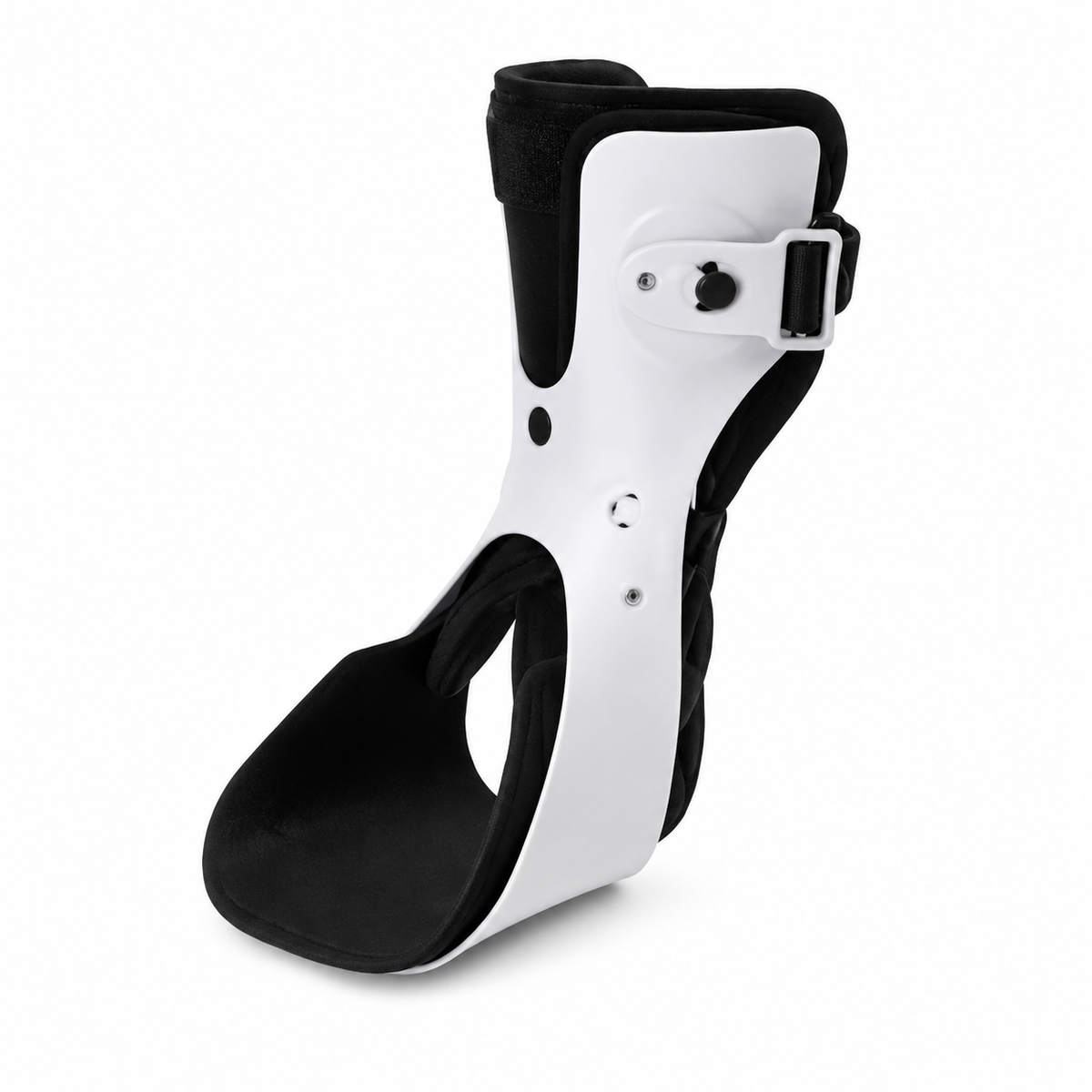 White and black rigid shell ankle brace with dial-adjust tension system on white background