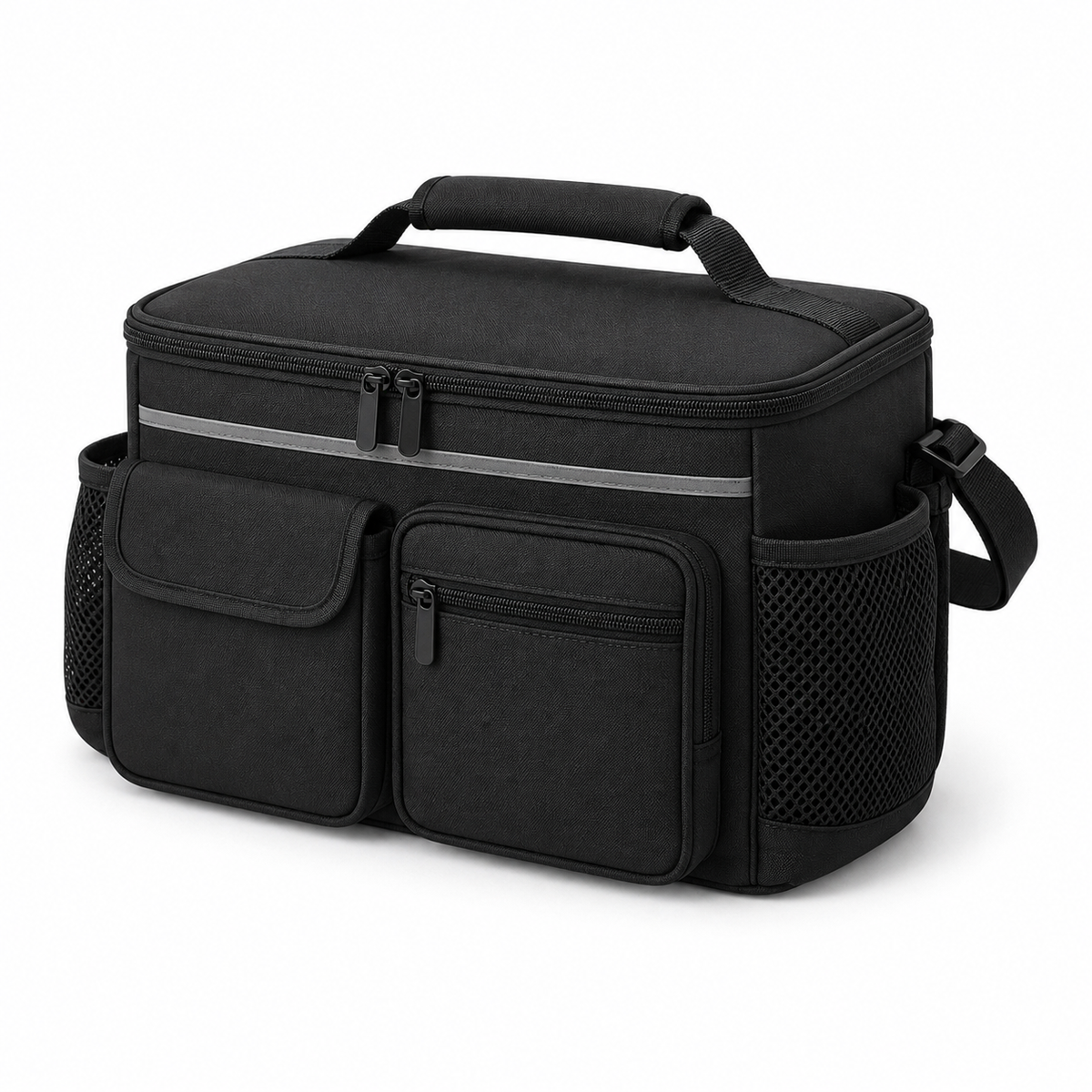Black multi-pocket mobility storage bag for walkers and wheelchairs on white background