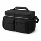 Black multi-pocket mobility storage bag for walkers and wheelchairs on white background