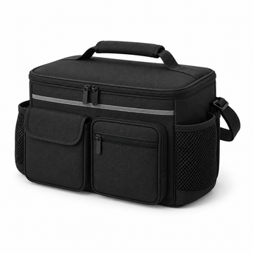 Black multi-pocket mobility storage bag for walkers and wheelchairs on white background