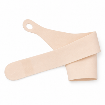 Flat lay view of beige elastic wrist wrap with thumb loop design