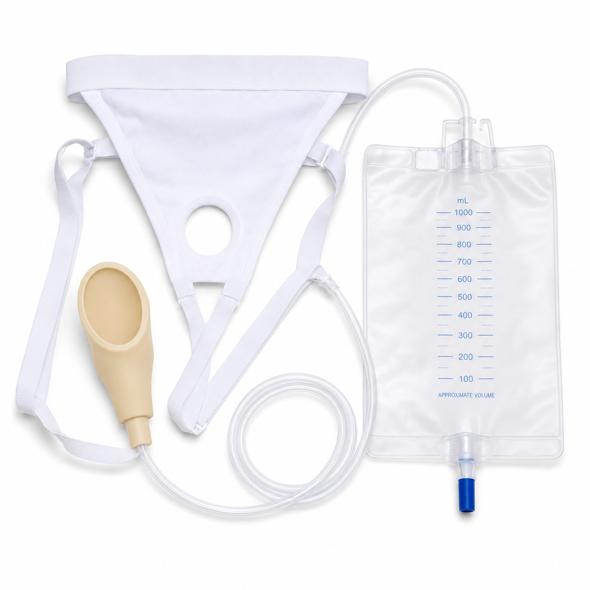 Wearable male urine collection system with silicone urinal funnel, elastic fixation brief, tubing, and 1000 ml drainage bag