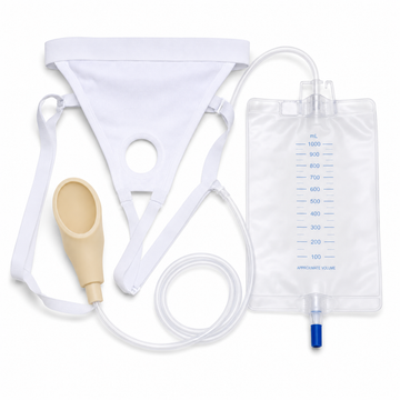 Wearable male urine collection system with silicone urinal funnel, elastic fixation brief, tubing, and 1000 ml drainage bag