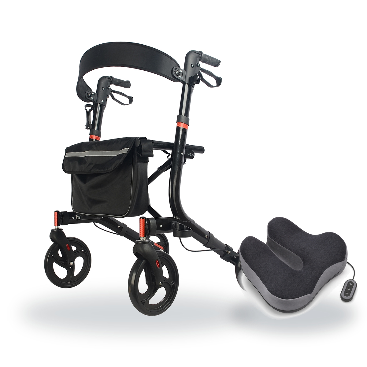 DeepTireh Rollator Comfort Bundle featuring the 17 lb lightweight rollator walker and heated massaging seat cushion with wired remote control.
