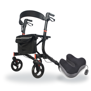 DeepTireh Rollator Comfort Bundle featuring the 17 lb lightweight rollator walker and heated massaging seat cushion with wired remote control.