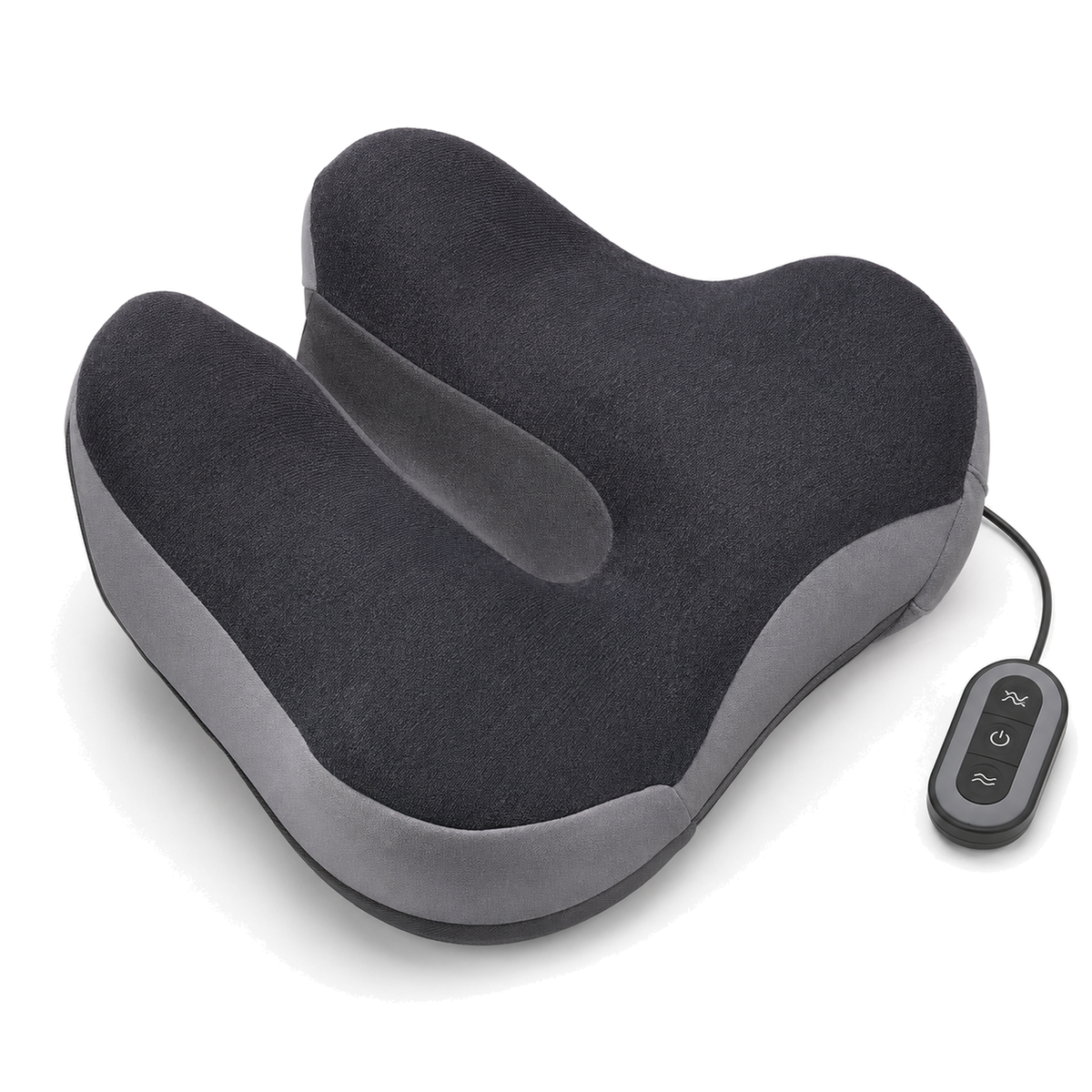 DeepTireh Heated and Massaging Ergonomic Seat Cushion with coccyx cutout and wired remote control on white background.