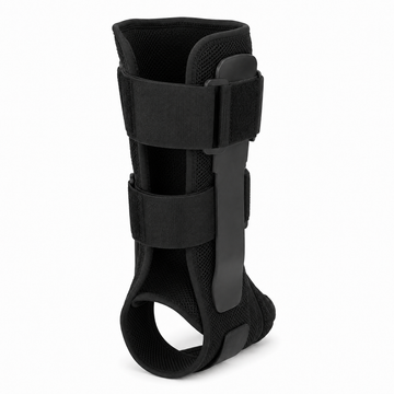 Side view of black rigid ankle brace stabilizers showing secure hook-and-loop straps