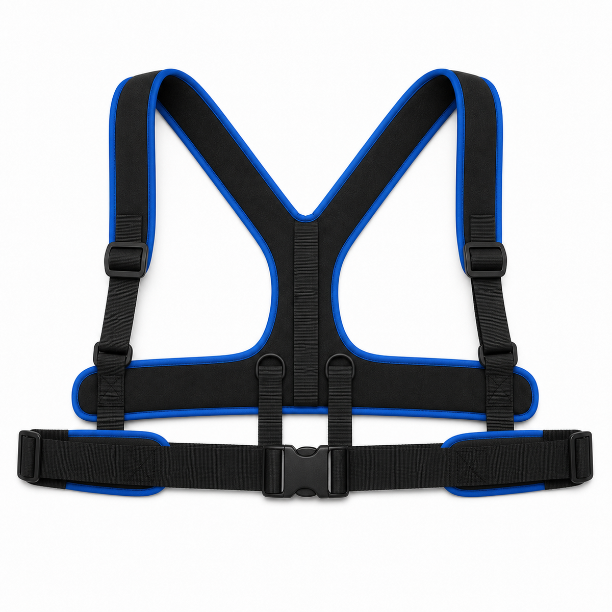 Black and blue padded wheelchair chest harness with adjustable waist belt and quick release buckle