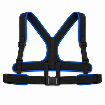 Black and blue padded wheelchair chest harness with adjustable waist belt and quick release buckle