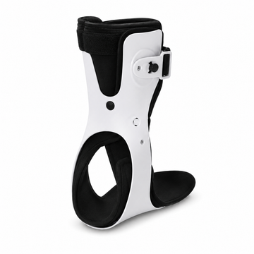 Side view of white rigid ankle brace showing ergonomic open heel design
