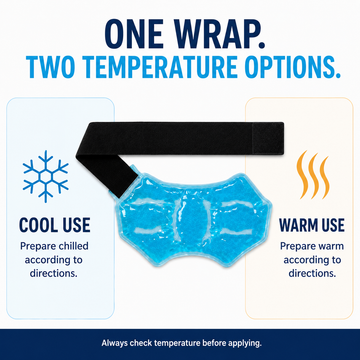 Ankle gel pack diagram illustrating cool use for ice therapy and warm use for heat therapy