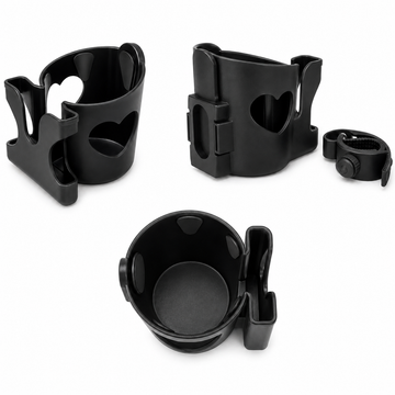 Multiple views of universal cup holder showing heart-shaped cutout, phone slot, and detachable mounting clamp