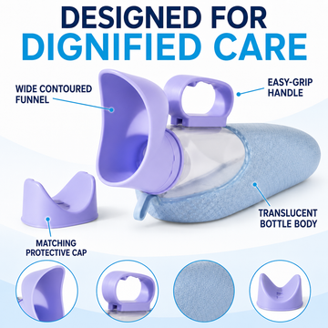 Female urinal features diagram showing wide contoured funnel, easy-grip handle, translucent bottle body, and protective cap