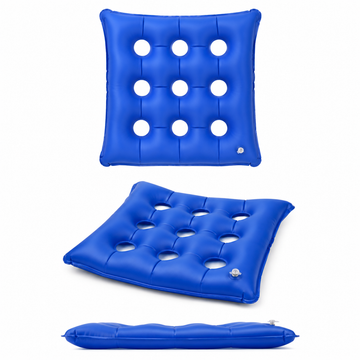 Multiple angles of blue air seat cushion showing top view, side profile, and deflated flat storage view