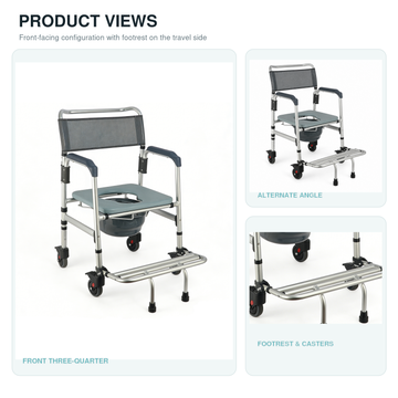 Product views graphic with front three-quarter, alternate angle, and footrest and caster views