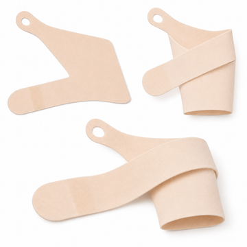 Multiple angles of beige compression wrist strap showing thumb hole and wrap design