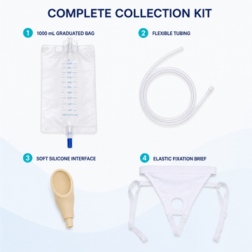Urine collection kit components diagram showing 1000 ml bag, flexible tubing, soft silicone interface, and elastic fixation brief
