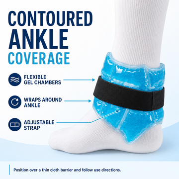Ankle cold pack wrap diagram highlighting flexible gel chambers, 360-degree ankle coverage, and adjustable strap