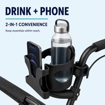 Universal 2-in-1 holder mounted on handlebar holding a water bottle and smartphone simultaneously