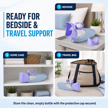 Demonstration of portable female urinal stored at bedside, in home care cabinet, and packed in travel bag