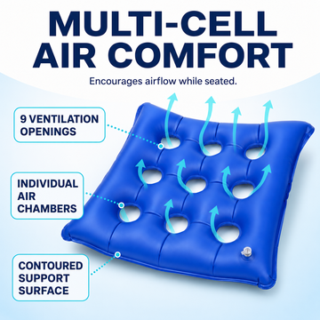 Inflatable seat cushion diagram showing 9 ventilation openings, individual air chambers, and contoured support surface