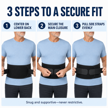 Three-step fitting guide for back support belt: center on lower back, secure main closure, and pull side straps evenly