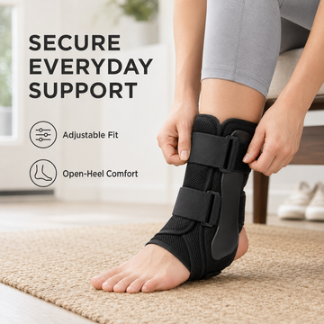 Person wearing black ankle brace provides open-heel comfort and stabilization for daily support
