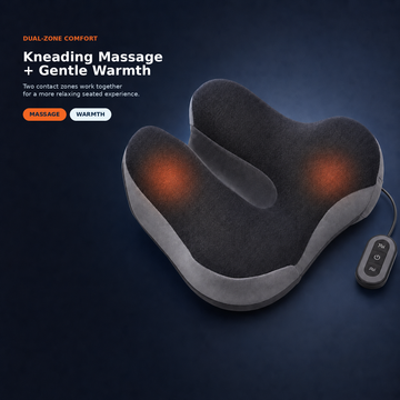 Dual-zone kneading massage and gentle heat therapy contact areas highlighted on the DeepTireh ergonomic seat cushion.