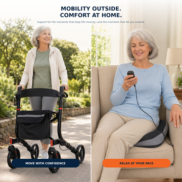Split-screen lifestyle showing senior woman using the DeepTireh rollator walker outdoors and relaxing at home with the heated massaging seat cushion.