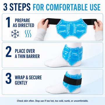 Three-step guide for using ankle gel ice pack: prepare pack, place over thin cloth barrier, and wrap securely