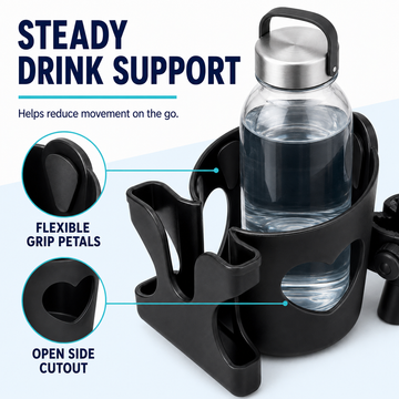 Cup holder features showing flexible grip petals and open side cutout for handle-equipped mugs