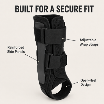 Ankle brace feature diagram pointing to reinforced side panels, adjustable wrap straps, and open-heel design