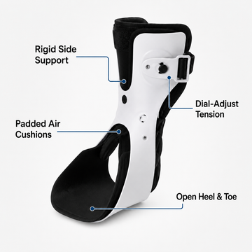 Ankle brace diagram detailing rigid side support, padded air cushions, and dial-adjust tension