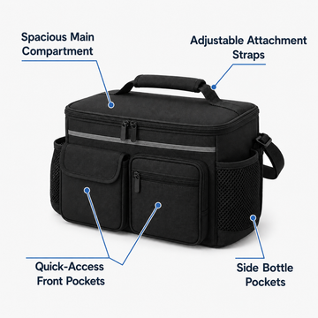 Walker storage bag diagram showing spacious main compartment, adjustable attachment straps, quick-access front pockets, and side bottle pockets