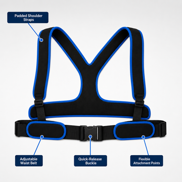 Diagram of wheelchair harness showing padded shoulder straps, adjustable waist belt, and quick release buckle