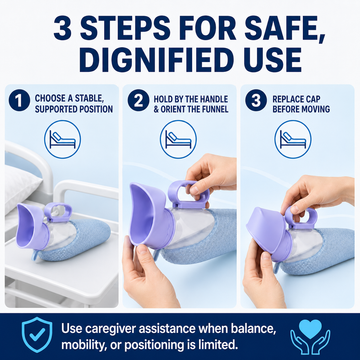 Three-step guide for using female urinal: choose stable position, hold handle and orient funnel, and replace cap before moving